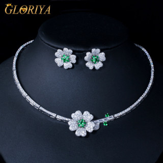 Gloriya ชุดเครื่องประดับ สร้อยคอ ต่างหูสตั๊ด ชุบเงิน ลายดอกไม้ สีขาว สีเขียว AAAAA Cubic Zirconia JS202