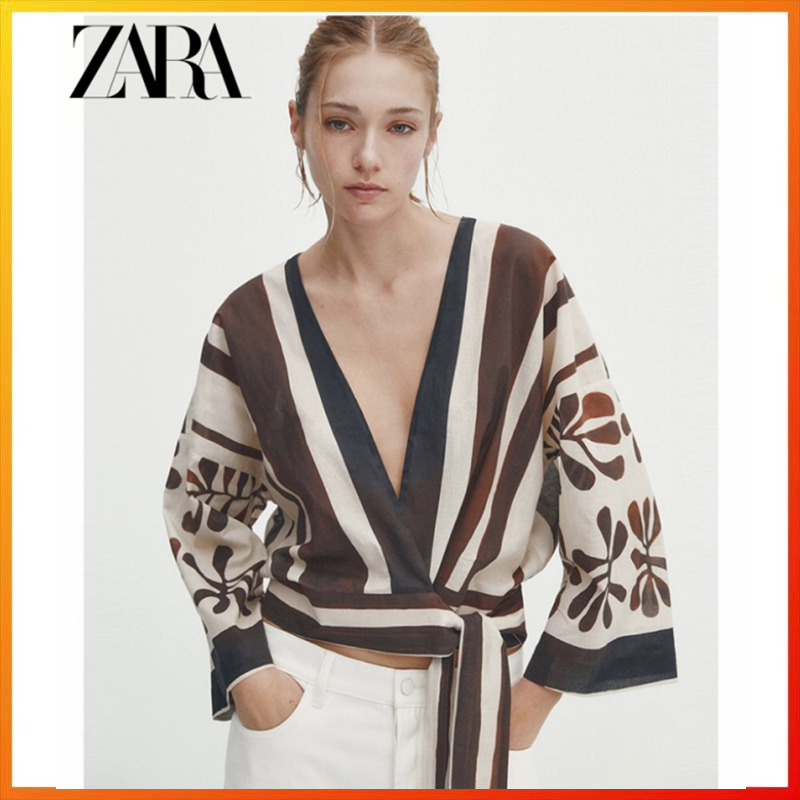 Zara เสื้อเชิ้ตแขนยาว พิมพ์ลายลูกไม้ สําหรับผู้หญิง 05128824700