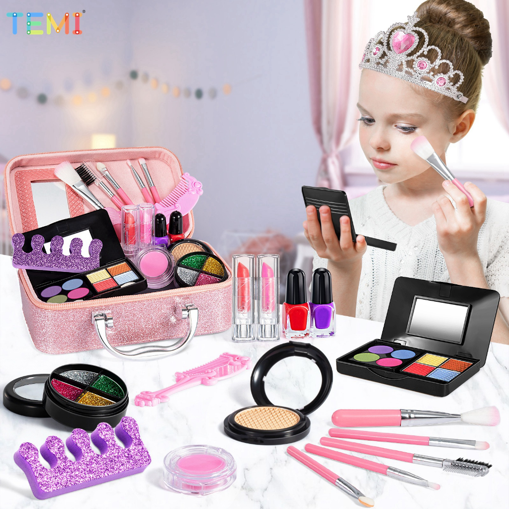 TEMI เครื่องสําอางค์ บ้านของเล่น กระเป๋าถือ เครื่องสําอาง แต่งหน้า เด็กผู้หญิง ชุดของเล่น เด็กผู้หญิง ปลอดภัย จานสีแต่งหน้าจําลอง ของเล่น