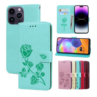 เคสโทรศัพท์หนัง ฝาพับ ลายดอกกุหลาบ พร้อมช่องใส่บัตร สําหรับ Samsung Galaxy S23 Ultra S23+ A73 A53 A33 A13 M13 A04 A04S M52 5G A13 4G