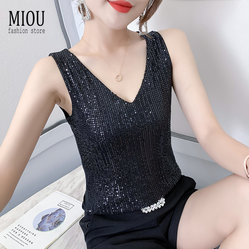 Miou 2023 เสื้อสายเดี่ยว คอวี ผ้าตาข่าย ประดับเลื่อม สองชั้น ขนาดเล็ก ประดับลูกปัดกลิตเตอร์ แฟชั่นสําหรับผู้หญิง 3XL
