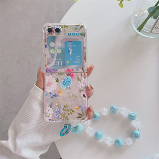 เคสโทรศัพท์มือถือ TPU ใส ลายดอกไม้ พร้อมสายคล้องมือ สําหรับ Samsung galaxy Z Flip5 Z Flip 3 4 5 Flip4