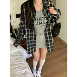 Loose plaid casual long sleeved shirt+letter vest+gray sports skirt