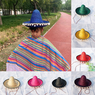 Carnival Sombrero หมวกฟางปีกกว้าง ธรรมชาติ สไตล์เม็กซิกัน เรโทร แฟชั่น สําหรับเด็ก