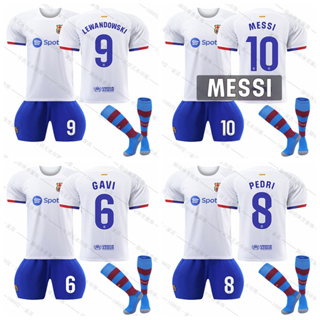 เสื้อกีฬาแขนสั้น ลายทีมฟุตบอล Barcelona Away Lewandowski Pedri Gavi Messi 2023-24 Season ชุดเยือน สําหรับเด็ก และผู้ใหญ่