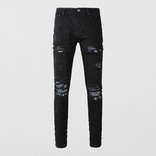 Street Fashion AMIRI Vintage Men Jeans Black Tight Cashew Flower Patch High Quality Vintage Trendy Men Denim Pants