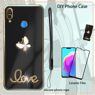 เคส 3D สําหรับ Huawei Nova 3i เคสเคลือบไฟฟ้า พร้อมฟิล์มกันรอยหน้าจอ และสายคล้องซิลิโคน และพลอยเทียม วิบวับ