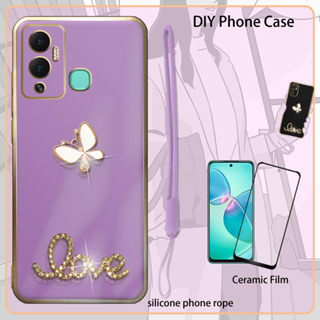 เคสซิลิโคน 3D ชุบไฟฟ้า พร้อมฟิล์มกันรอยหน้าจอ และสายคล้อง และพลอยเทียม สําหรับ Infinix Hot 12 Play 12 Play NFC X6817 X6816D X6816C X6816