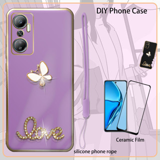 เคสซิลิโคน เคลือบไฟฟ้า 3D พร้อมฟิล์มกันรอยหน้าจอ และสายคล้อง และพลอยเทียม สําหรับ Infinix Hot 20 4G X6826 X6826B X6826C