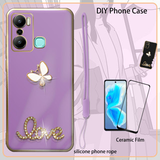 เคสเคลือบไฟฟ้า 3D พร้อมฟิล์มเซรามิค และสายคล้อง และพลอยเทียม สําหรับ Infinix Hot 20 Play X6825