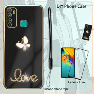 เคสซิลิโคน เคลือบไฟฟ้า 3D พร้อมฟิล์มกันรอยหน้าจอ และสายคล้อง และพลอยเทียม สําหรับ Infinix Hot 9 Hot 9 Pro X655 X655C X655D X655F