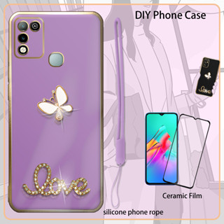 เคสเคลือบไฟฟ้า 3D พร้อมฟิล์มกันรอยหน้าจอ และสายคล้อง และซิลิโคน ประดับพลอยเทียม สําหรับ Infinix Hot 9 Play Hot 10 Play X688C X688B