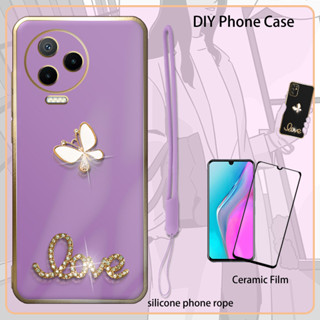 เคสซิลิโคน 3D พร้อมฟิล์มเซรามิก และสายคล้อง และพลอยเทียม สําหรับ Infinix Note 12 2023 Note 12 Pro 4G X676C X676B Note 20