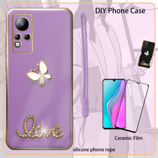 เคสซิลิโคน 3D เคลือบไฟฟ้า พร้อมฟิล์มกันรอยหน้าจอ และสายคล้อง และพลอยเทียม สําหรับ Infinix Note 12 G88 Note 11 X663 X633B X663C X663D