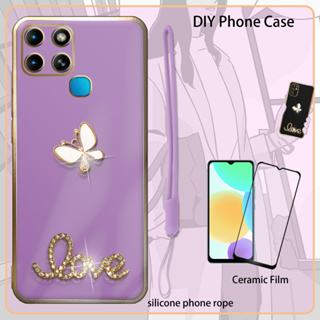 เคสเคลือบไฟฟ้า 3D พร้อมฟิล์มเซรามิค และสายคล้อง และพลอยเทียม สําหรับ Infinix Smart 6 X6511B X6511 X6511E