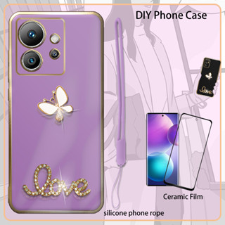 เคสเคลือบไฟฟ้า 3D พร้อมฟิล์มเซรามิค และสายคล้อง และพลอยเทียม สําหรับ Infinix Zero Ultra X6820