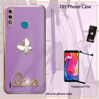 เคสเคลือบไฟฟ้า 3D พร้อมฟิล์มกระจกนิรภัย และสายคล้อง และพลอยเทียม สําหรับ Itel A56 A56 Pro