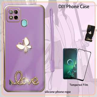 เคส 3D สําหรับ Itel A57 A57 Pro A611W เคสชุบไฟฟ้า พร้อมฟิล์มกระจกนิรภัย และสายคล้องซิลิโคน และพลอยเทียมวิบวับ