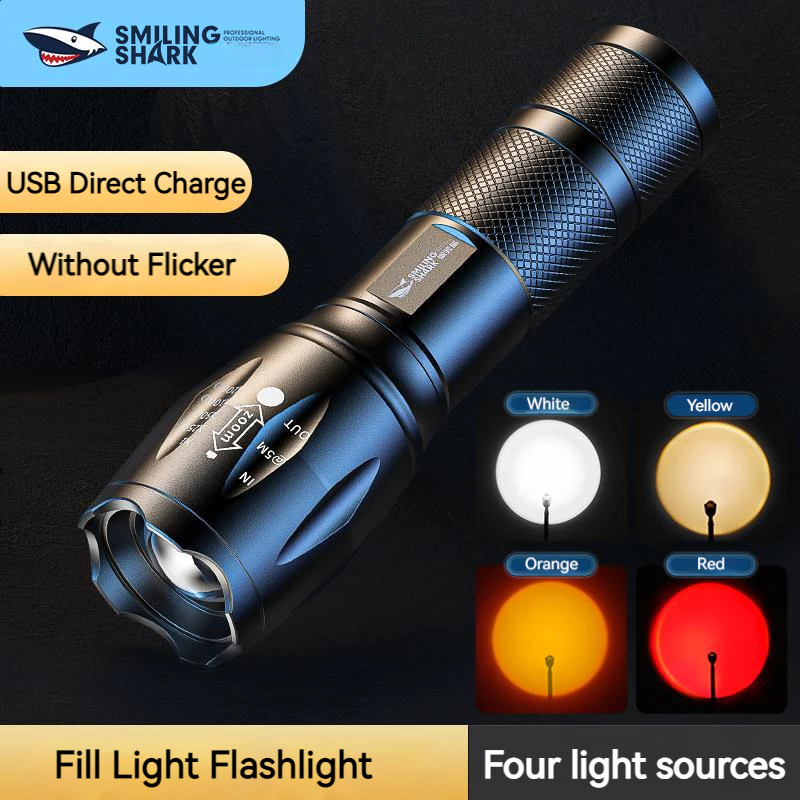 Smiling Shark SD1003 ไฟฉาย Led สว่างมาก RGB สีขาว สีเหลือง สีส้ม สีแดง สีฟ้า สีเขียว สีม่วง พร้อมขาตั้งกล้อง ชาร์จ USB ซูมได้