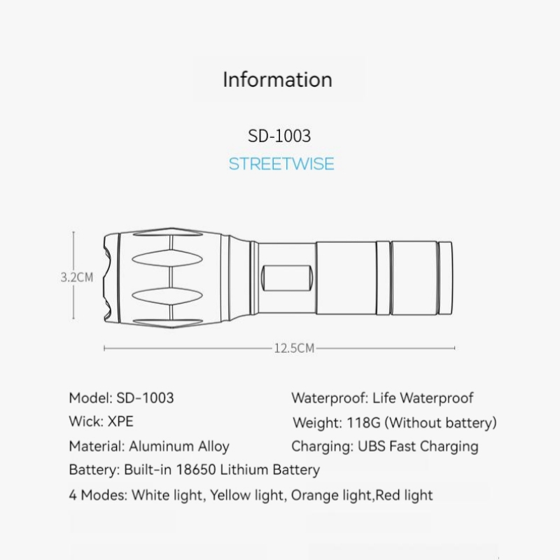 Smiling Shark SD1003 ไฟฉาย Led สว่างมาก RGB สีขาว สีเหลือง สีส้ม สีแดง สีฟ้า สีเขียว สีม่วง พร้อมขาตั้งกล้อง ชาร์จ USB ซูมได้ - รูปที่ 7