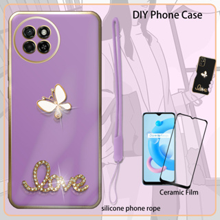 เคส 3D สําหรับ Itel S23 เคสเคลือบไฟฟ้า พร้อมฟิล์มกันรอยหน้าจอ และสายคล้องซิลิโคน และพลอยเทียม วิบวับ