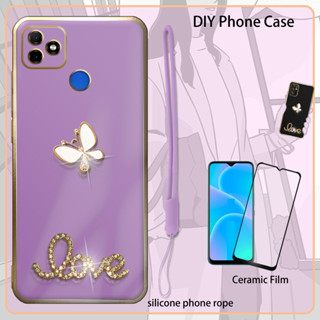 เคสซิลิโคน เคลือบไฟฟ้า 3D พร้อมฟิล์มกันรอยหน้าจอ และสายคล้อง และพลอยเทียม สําหรับ Itel Vision 1 Plus P36(6.5 นิ้ว) W6501 L6501