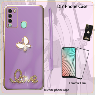 เคสเคลือบไฟฟ้า 3D พร้อมฟิล์มกันรอยหน้าจอ และสายคล้องซิลิโคน และพลอยเทียม สําหรับ Itel Vision 2 S16 Pro