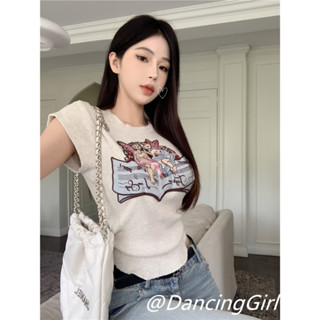 💜Dancinggirl💚⭐️เสื้อยืดแขนสั้น คอกลม ผ้าถัก เข้ารูป ปักลาย สไตล์เรโทร แฟชั่นสําหรับผู้หญิง