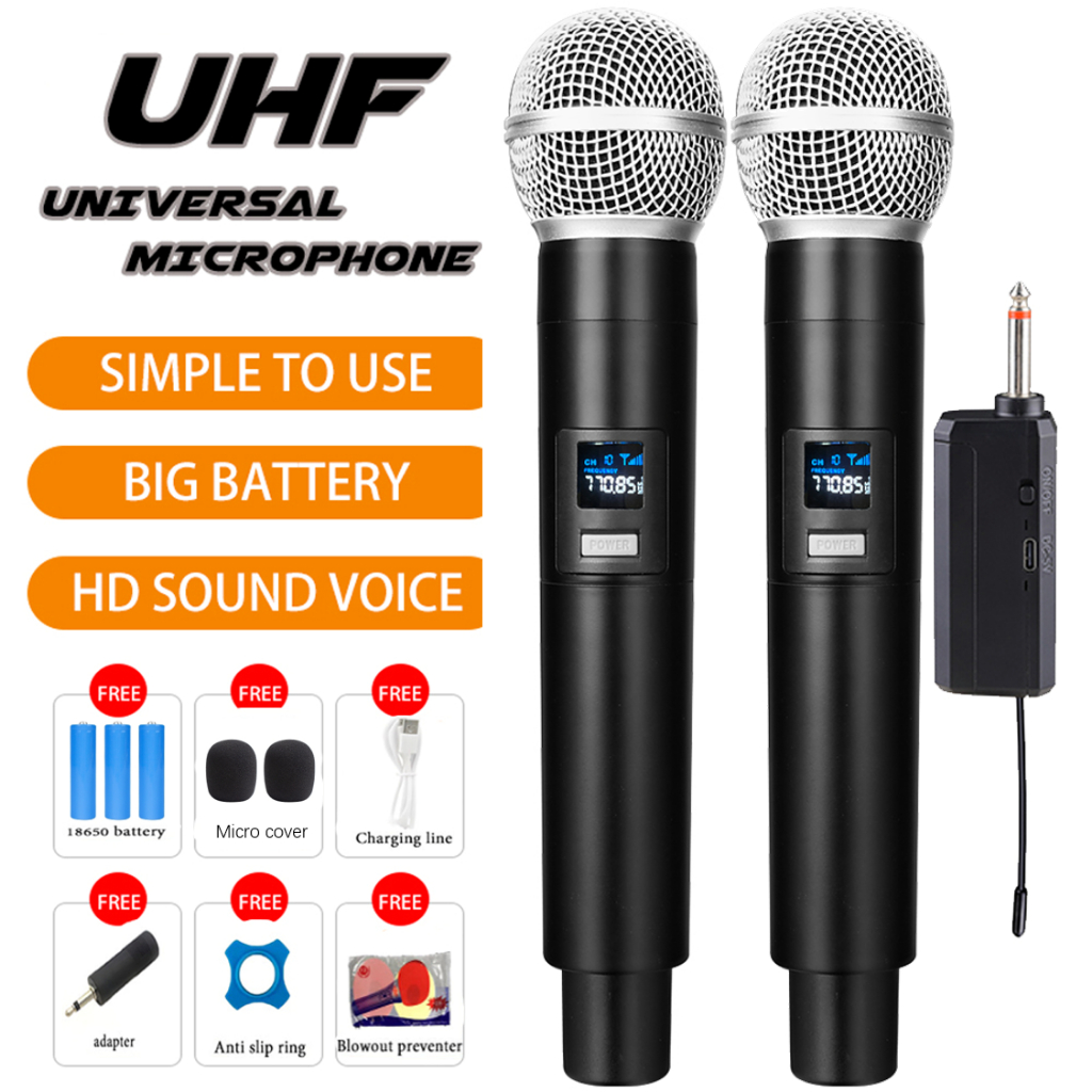 2 In 1 ไมโครโฟนไร้สาย UHF คาราโอเกะ ไมโครโฟนไดนามิก แบบมือถือคู่ พร้อมตัวรับสัญญาณ แบบชาร์จไฟ สําหรับงานแต่งงาน ปาร์ตี้ โบสถ์ พูด