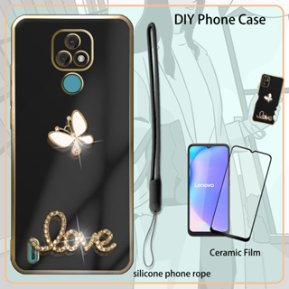 เคส 3D สําหรับ Lenovo K12 เคสเคลือบไฟฟ้า พร้อมฟิล์มกันรอยหน้าจอ และสายคล้องซิลิโคน และพลอยเทียม วิบวับ