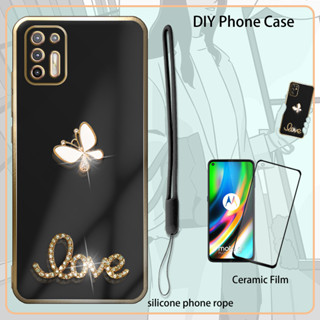 เคสซิลิโคน 3D เคลือบไฟฟ้า พร้อมฟิล์มกันรอยหน้าจอ และสายคล้อง และพลอยเทียม สําหรับ Motorola Moto G Stylus (2021)