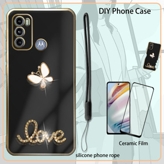 เคสซิลิโคน 3D เคลือบไฟฟ้า พร้อมฟิล์มกันรอยหน้าจอ และสายคล้อง และพลอยเทียม สําหรับ Motorola Moto G60 G40