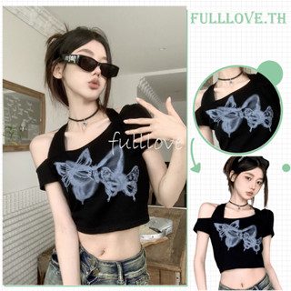 Fulllove เสื้อครอป แขนสั้น ผูกคอ เว้าอก เซ็กซี่ยั่วๆจร้าา  ลายการ์ตูนน่ารักY2K crop top