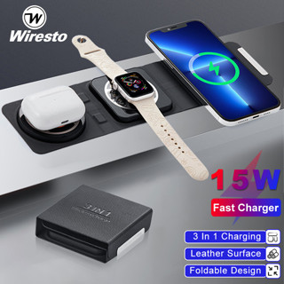 Wiresto 3 in 1 แท่นชาร์จไร้สาย 15W แท่นชาร์จแม่เหล็กไร้สาย พับได้ แท่นชาร์จแม่เหล็กไร้สาย แท่นชาร์จเร็ว สําหรับ iPhone Watches Airpods