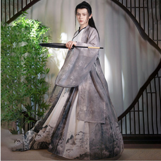 ของแท้ Hanfu ชุดเสื้อสูทแขนยาว คอกว้าง พิมพ์ลายไม้ไผ่ สไตล์จีนโบราณ สําหรับผู้ชาย และผู้หญิง