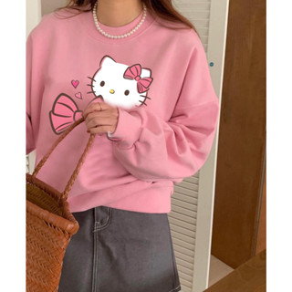 love flower hello kitty ใหม่ เสื้อกันหนาว คอกลม พิมพ์ลาย สไตล์เกาหลี แฟชั่นสําหรับผู้หญิง