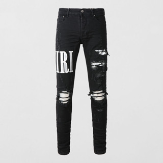 New AMIRI High Quality Fashion Men Jeans Black Vintage Tight White Patch Trendy Hip Hop Men Denim Pants