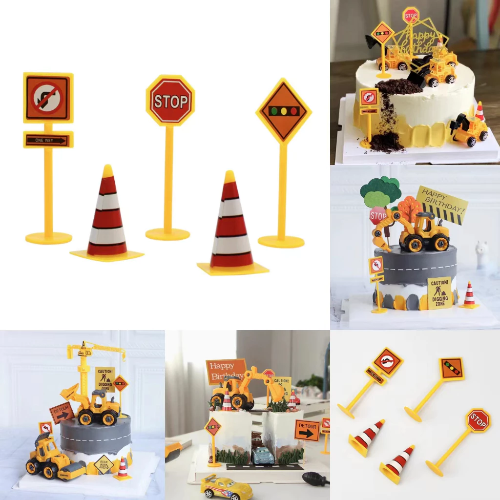 5 ชิ้น/เซ็ตรถก่อสร้างป้ายถนนสิ่งกีดขวางเครื่องประดับตกแต่งเค้กเด็กตกแต่งเค้กพรรคตกแต่ง
