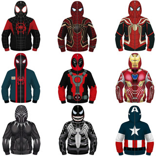 【Child Size】เสื้อแจ็กเก็ต มีฮู้ด แต่งซิป ลาย Spider-Man Venom Black Panther Deadpool Iron Man สําหรับเด็กทุกเพศ