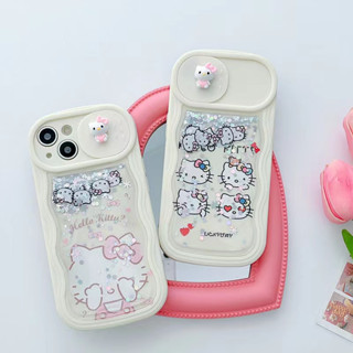 เคสโทรศัพท์มือถือแบบนิ่ม TPU มีทรายไหล แต่งกลิตเตอร์ ลายเฮลโลคิตตี้ 3D สีชมพู พร้อมตัวเลื่อนปิดกล้อง สําหรับ iPhone 14 13 12 Pro Max 11