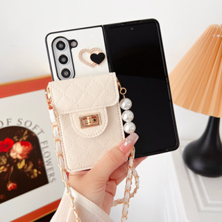 เคสโทรศัพท์มือถือ ปิดด้านหลัง พร้อมสายโซ่ยาว และช่องใส่บัตร สําหรับ Samsung Galaxy Z Fold 5 4 3 ZFold5 ZFold4 ZFold3