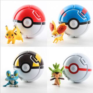 โมเดลฟิกเกอร์ PVC การ์ตูนโปเกม่อน Pikachu Poke Ball Froakie Chespin Fennekin Pinball Q Version ขนาด 7 ซม. ของเล่นสําหรับเด็ก 4 ชิ้น ต่อชุด