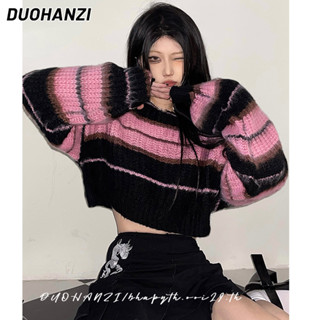 Duohanzi เสื้อกันหนาว คอกลม แขนยาว เปิดไหล่ ทรงหลวม ลายทาง แฟชั่นฤดูใบไม้ร่วง และฤดูหนาว สําหรับผู้หญิง