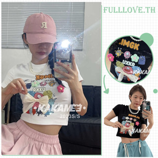 Fulllove เสื้อครอปแขนสั้นลายการ์ตูนกวนๆY2K crop top