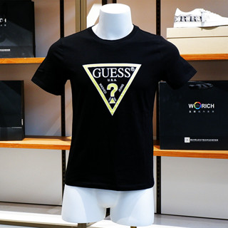 Guess เสื้อยืดลําลอง แขนสั้น คอกลม พิมพ์ลายโลโก้สามเหลี่ยม เรียบง่าย