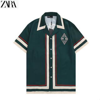 Zara เสื้อเชิ้ตแขนสั้น ผ้าฝ้าย พิมพ์ลาย มีสไตล์ คอปกพับ สําหรับทุกเพศ