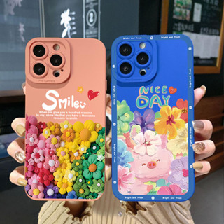 เคสโทรศัพท์มือถือ ขอบสี่เหลี่ยม ป้องกันเต็มเลนส์ ลายหมูยิ้ม ดอกไม้ สําหรับ Samsung Galaxy A33 A53 A73 5G A32 A52S A72 A31 A41 A71