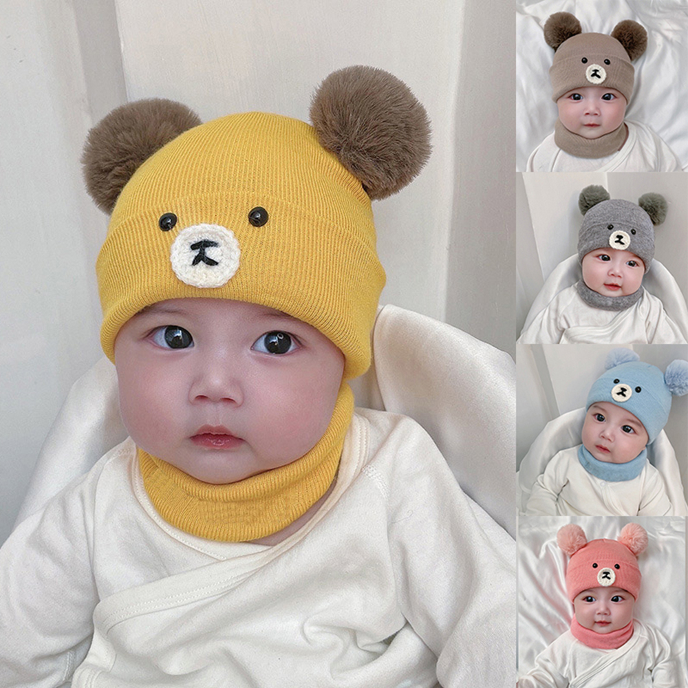 2 ชิ้น / เซต การ์ตูนหมี เด็กทารก หมวก ผ้าพันคอ ชุดน่ารัก คู่ ปอมปอม หมวกเด็กแรกเกิด ฤดูหนาว อบอุ่น เด็กวัยหัดเดิน ผ้าพันคอ หมวกบีนนี่