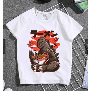 เสื้อยืดแขนสั้น คอกลม พิมพ์ลายการ์ตูนอนิเมะ Godzilla น่ารัก สีขาว แฟชั่นฤดูร้อน สไตล์ญี่ปุ่น สําหรับเด็กผู้ชาย