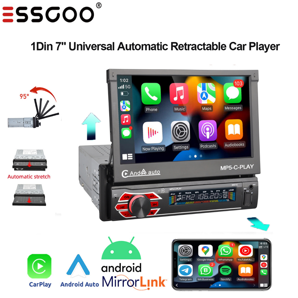 ESSGOO 1Din 7" Universal Automatic Retractable Car Stereo Multimedia Video Player Bluetooth Carplay Android auto
